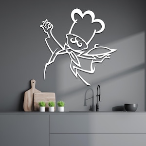 May include: A white wall-mounted metal cutout of a chef wearing a tall toque and a neckerchief, holding a serving platter with a lid. The chef is depicted in a dynamic pose with one hand raised, featuring clean, bold lines and a flat finish.