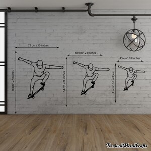 May include: Three black metal wall sculptures of a person skateboarding. The sculptures are in different sizes, with the largest measuring 30 inches wide by 27 inches tall. The sculptures are shown against a white brick wall.
