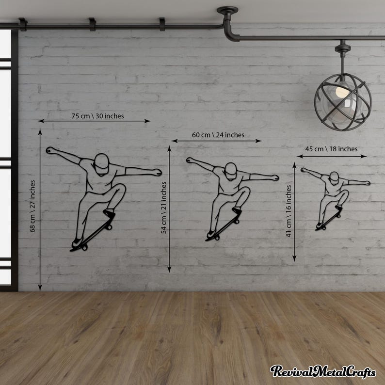 May include: Three black metal wall sculptures of a person skateboarding. The sculptures are in different sizes, with the largest measuring 30 inches wide by 27 inches tall. The sculptures are shown against a white brick wall.