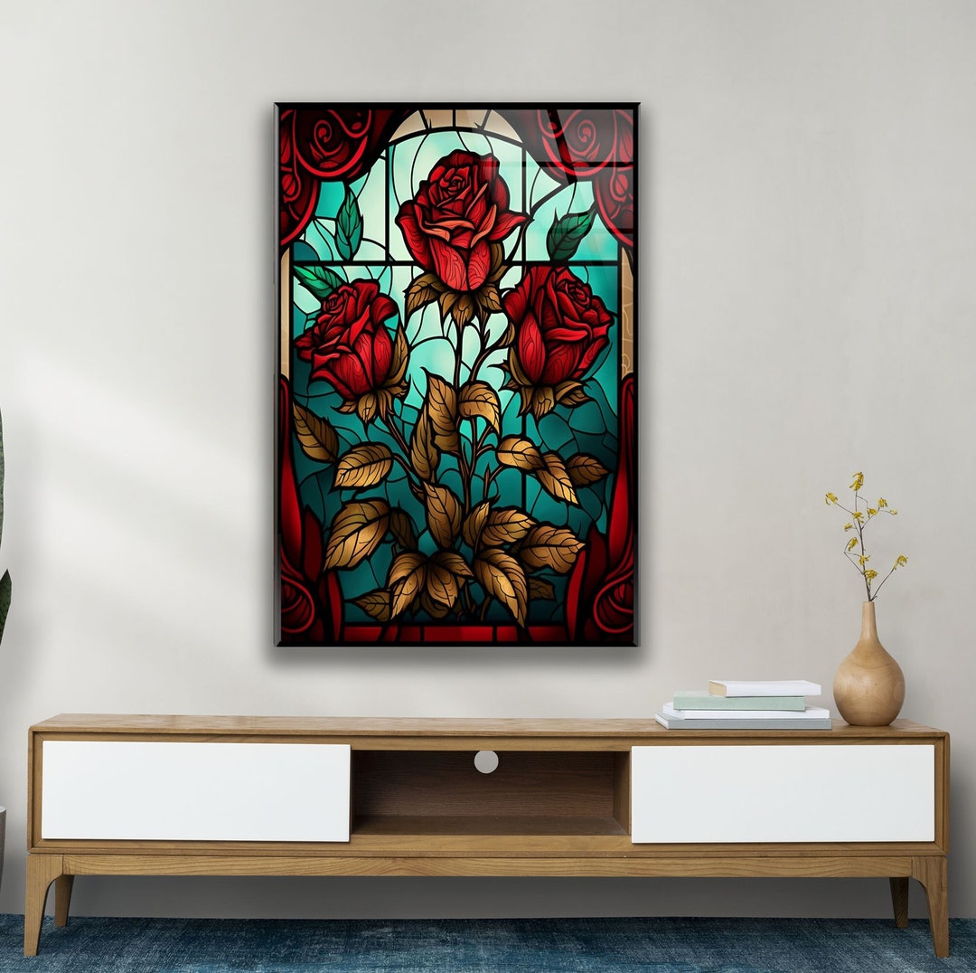 Tempered Glass Wall Art Stained Red Rose Wall Decorflower Home Decor