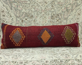 Ethnic Throw, Handwoven Textured Pillow, Turkish Kilim Pillow, Decor Pillow, 12x36 Pillow Cover, Decorative Pillow, Red Kilim Pillow, KD019
