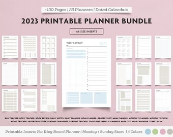 May include: A 2023 printable planner bundle with A6 size inserts featuring 130 pages and 22 planners. The collection includes dated calendars, bill trackers, body trackers, daily notes, goal planners, grocery lists, and meal planners in four colors.