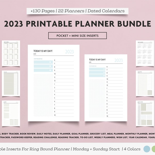 Printable Inserts For Ring-Bound Planners, 2023 Printable Planner Bundle,  Pocket + Mini Size Inserts, Monday+Sunday Start, Basic, 4 colors