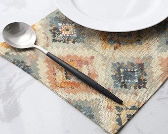 Boho Minimalism: Earth Tone Rectangle Linen Placemats, Blue, Beige, and Orange Tonen Ecofriendly Placemats Set