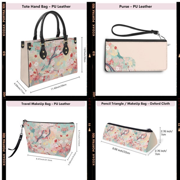 Tote Bag, Purse, Makeup PU Leather Bag Set, Sakura Flowers Design in Pastel Colors, Fashionable Handbag Set, Beige, Salmon and Teal Colors