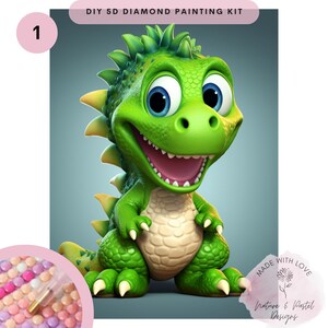 Dinosauri molto carini, pittura a diamante, arte murale per la cameretta dei bambini, set fai da te di arte murale 5D con dinosauri dei cartoni animati divertenti, decorazione murale fai da te per bambini amanti dei dinosauri