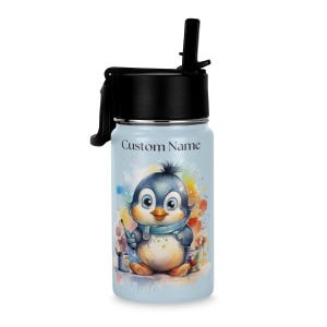 Custom Kids’ Steel Water Bottle with Personalized Name – Cute Painter Penguin Design, School and Sports Leak Proof , BPA Free  12oz Bottle