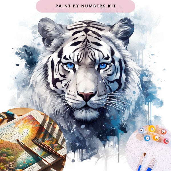 Aquarell weißer Tiger Malen nach Zahlen Kit für Erwachsene, Malen auf Leinwand Set, Tiger mit blauen Augen breites Tier Leinwand Malerei DIY