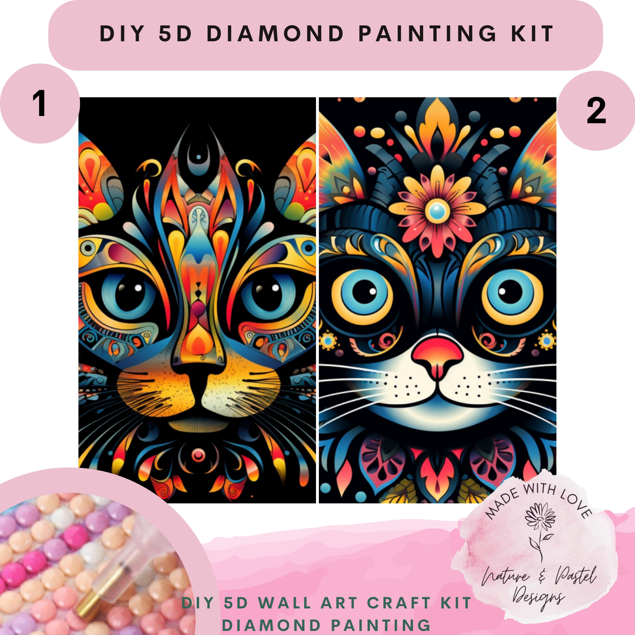 Psychedelic Art Cat Mandala 5D Diamond Painting Kit, Drill Crystal  Rhinestone Art, Colorful Cat Mosaic DIY Wall Art, Boho Crystal Drill Art 