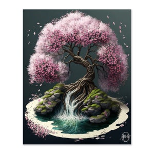 May include: A digital painting of a pink cherry blossom tree growing out of a small island with a waterfall flowing into a pond. The tree has a thick trunk and many branches with pink blossoms. The island is covered in green moss and rocks. The background is a dark blue.