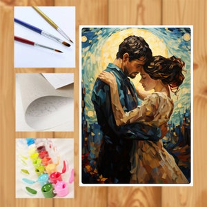 Vintage Love Themed Paint By Numbers Kit For Adults, Painting on Canvas Set with Van Gogh Starry Night Inspired Couple in Love Design