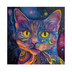 Psychedelic Cat Portrait Paint by Numbers Kit for Adults, Colorful Cosmic Cat Art, Square Canvas DIY Paint Kit, Cat Lover Gift