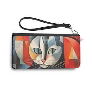 Cartera de piel sintética para mujer con correa para el asa, diseño de gato de Picasso Art Style, regalo para amantes de los gatos, billetera elegante de gran capacidad