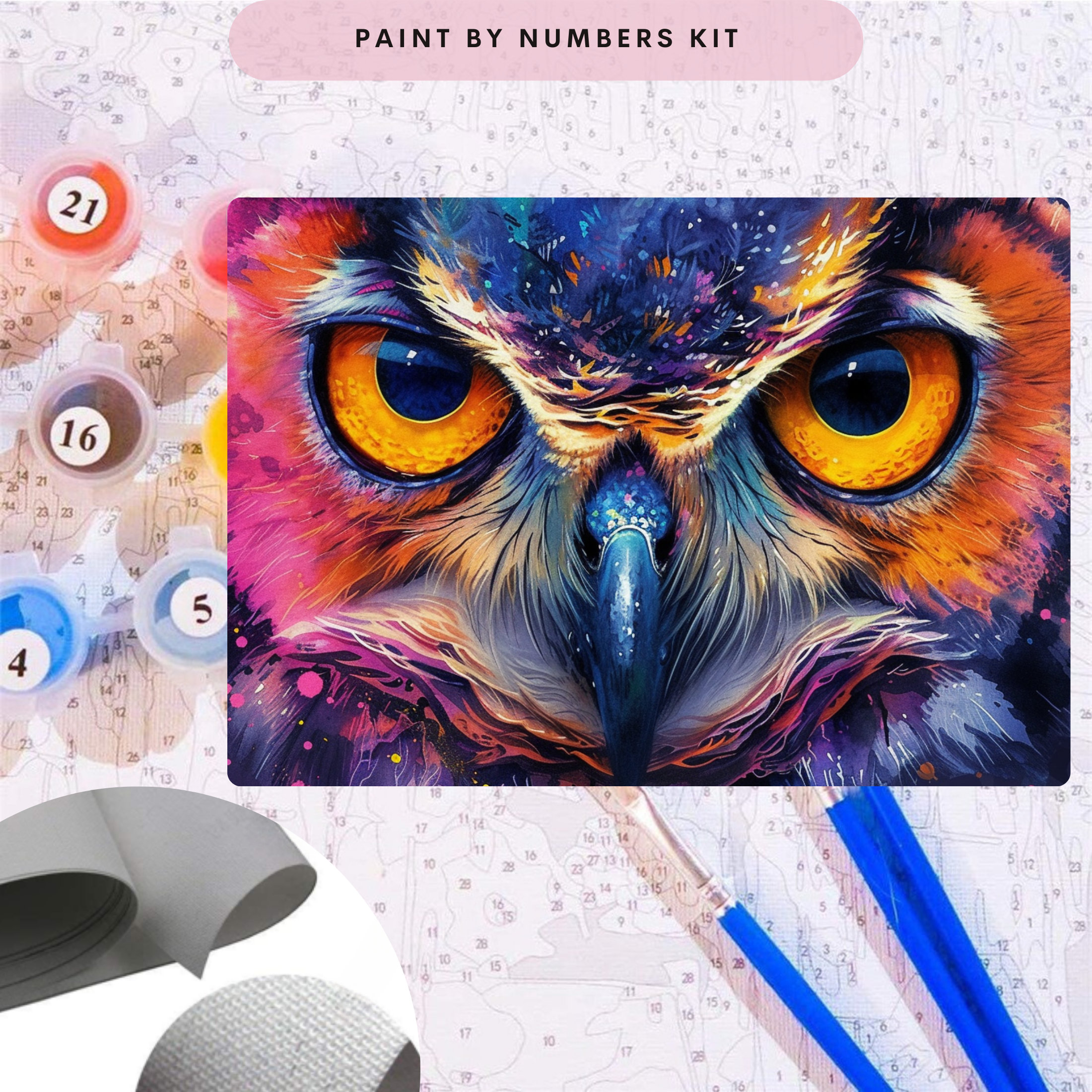 カラフルなフクロウの数字塗り絵キット、大人向けのキャンバスセット