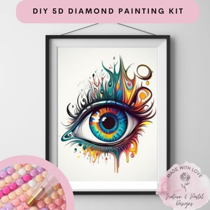 Puede incluir: Un kit de pintura de diamantes 5D colorido que presenta un primer plano de un ojo estilizado con pintura goteando. El ojo está rodeado de formas y remolinos abstractos en tonos de azul, verde, amarillo, naranja y rojo. El kit incluye todos los materiales necesarios para completar la pintura, incluidos diamantes, herramientas y un lienzo.
