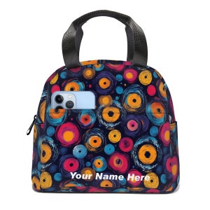 Bolsa de almuerzo personalizada con nombre y patrones coloridos de estilo moderno, bolsa térmica para almuerzo y refrigerio, bolsa térmica portátil, bolsa de picnic