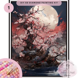 Kit di pittura a diamante in stile giapponese con fiori di ciliegio, opzioni di trapano rotonde e quadrate, arte 5D in resina con stile d'arte giapponese vintage