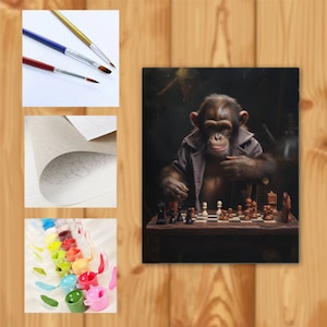 Chess Player  Chimpanzee Acrylic Painting Kit, Paint by Numbers for Adults, Paint Your Own Kit Monkey and Chess