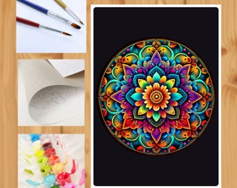 Neon Rainbow Colors Mandala Painting on Canvas, Paint by numbers kit of floral vintage mandala on canvas