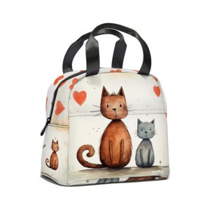 Bolsa de almuerzo personalizada con nombre personalizado con amantes de los gatos, lindos gatos de dibujos animados y corazones aislados bolsa de almuerzo y merienda, bolsa térmica portátil