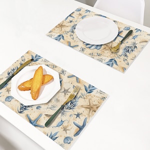 Nautical Chic: Personalized PVC Placemats, Washable and Foldable Blue and Beige Marine Theme Table Placemats Set, Sand  Seashells , Starfish
