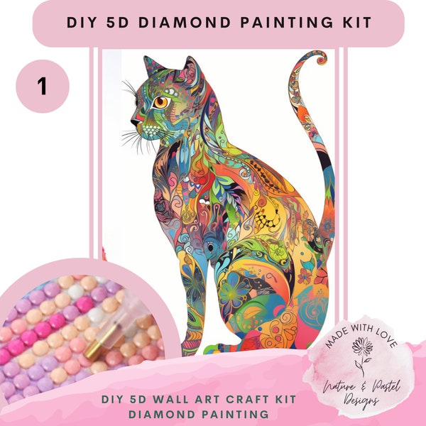Boho Cat Mandala 5D Diamond Painting Kit,   Drill Crystal Rhinestone Art, Colorful Cat Mosaic DIY Wall Art, Psychedelic Crystal Drill Art
