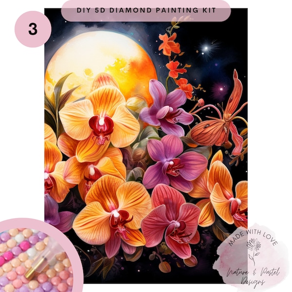 Kit de peinture diamant aquarelle fleurs d'orchidées couleurs vives, fleurs d'orchidées fleurs d'orchidées clair de lune, art mural 3d bricolage, art rond et foret carré