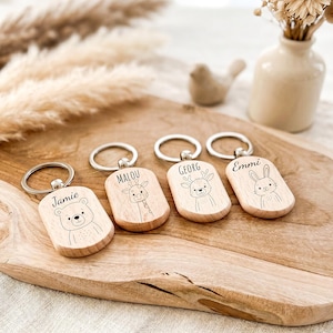 Portachiavi personalizzato per bambini | Portachiavi per l'asilo con nome | Portachiavi in legno a forma di animale | Regalo per bambini e bambine