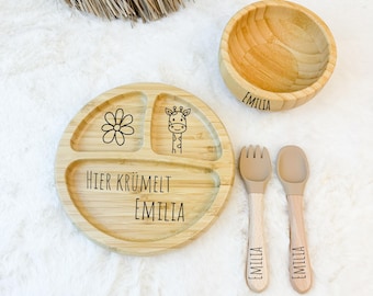 Runder Bambusteller mit Saugnapf, Bambusschale, personalisierter Teller, Kinderteller, Babyteller mit Namen