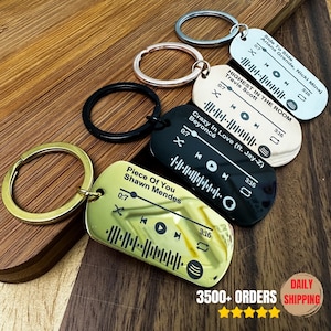 Op de afbeelding: Vier verschillende sleutelhangers met gegraveerde songtitels en artiestennamen. De sleutelhangers zijn gemaakt van metaal en hebben een zwarte, gouden, zilveren en roségouden afwerking. De sleutelhangers bevatten een songtitel, een artiestennaam en een play-knop met een tijdstempel.