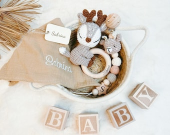 Baby gift set, personalized rattle, embroidered bib, baby gift set