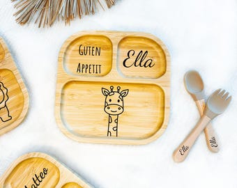 Kinder-Bambusteller mit Saugnapf, personalisierter Teller, Kinderteller, Babyteller mit Namen