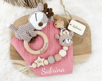 Baby Gift Set Moose, Personalized Rattle, Embroidered Bib, Baby Gift Set