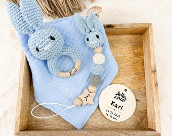 Baby gift set blue bunny, personalized rattle, embroidered bib, baby gift set