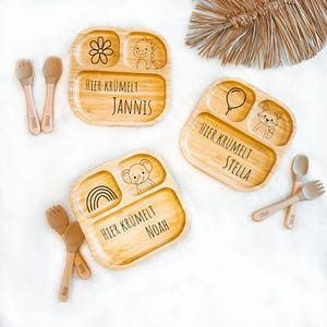 Personalized bamboo plate with suction cup, engraved with cute motifs, children&#39;s plate, baby plate with name