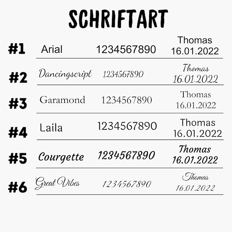 May include: A black and white image showing six different fonts with the numbers 1234567890 and the text "SCHRIFTART" at the top. Each font is numbered 1 through 6 and includes the name of the font, such as Arial, Dancingscript, Garamond, Laila, Courgette, and Great Vibes. The date "16.01.2022" and the name "Thomas" are also included next to each font.