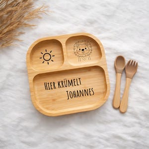 Personalisierter Bambusteller mit Saugnapf, graviert mit süßen Motiven, Kinderteller, Babyteller mit Namen