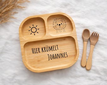 Personalisierter Bambusteller mit Saugnapf, graviert mit süßen Motiven, Kinderteller, Babyteller mit Namen