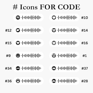 May include: A set of 10 black and white icons with a barcode-like pattern. The icons include a music note, a heart, a smiley face, a car, and a motorcycle. The icons are numbered 1, 9, 10, 12, 14, 15, 16, 28, 34, and 37.