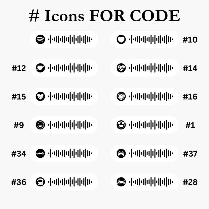 May include: A set of 10 black and white icons with a barcode-like pattern. The icons include a music note, a heart, a smiley face, a car, and a motorcycle. The icons are numbered 1, 9, 10, 12, 14, 15, 16, 28, 34, and 37.