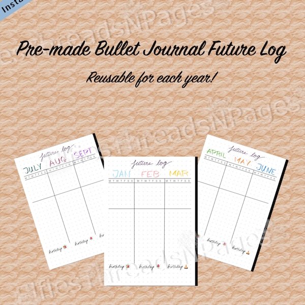 Pre-made Bullet Journal Future Log - Reusable