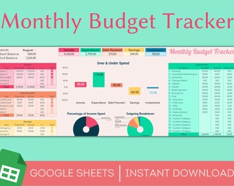 Monthly Budget Spreadsheet, Editable Digital Planner, Google Sheets Template, Google Docs Finance Tracker, Simple and Easy-to-Use