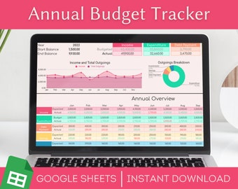 Annual Budget Spreadsheet, Editable Digital Planner, Google Sheets Template, Income and Expense Finance Tracker Tool, Simple and Easy-to-Use