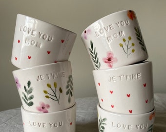 Flowers&Heart Ceramic Mug | No Handle Coffee Mug Gift  | Love You Gift | Love You Mom Gift | Je T'aime Gift | Herbal Tea Cup | 180 mL Cup