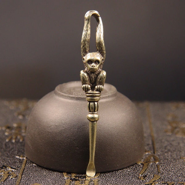 Handmade brass monkey ear spoon, ear pick small copperware creative key chain pendant birthday gift pendant L152