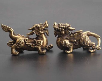 A pair of handmade brass Pixiu, living room office desktop tea pet decoration handicraft gift L002