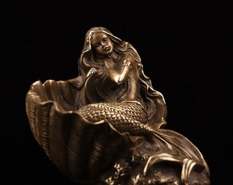 Handmade brass retro -shell mermaid, living room office desktop tea pet decoration, craft gift collection  L0087