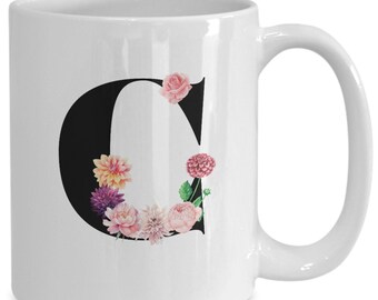 Large Letter C Coffee Mug, Alphabet Mug, Flower Letter Mug, Letter C Mug, Letter C Cup, Initial Monogram Coffee Mug, Bridesmaid Gift