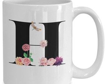 Large Letter H Coffee Mug, Alphabet Mug, Flower Letter Mug, Letter H Mug, Letter H Cup, Initial Monogram Mug, Bridesmaid Gift, Gift for Her