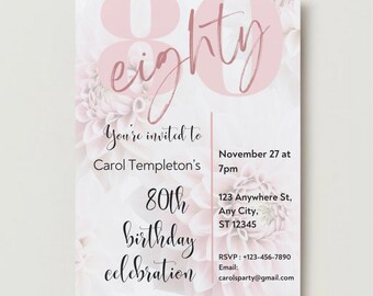 May include: Pink floral birthday invitation with the text "eighty" in a large pink font. The invitation is for Carol Templeton's 80th birthday celebration. The invitation includes the date, time, and location of the event, as well as RSVP information.